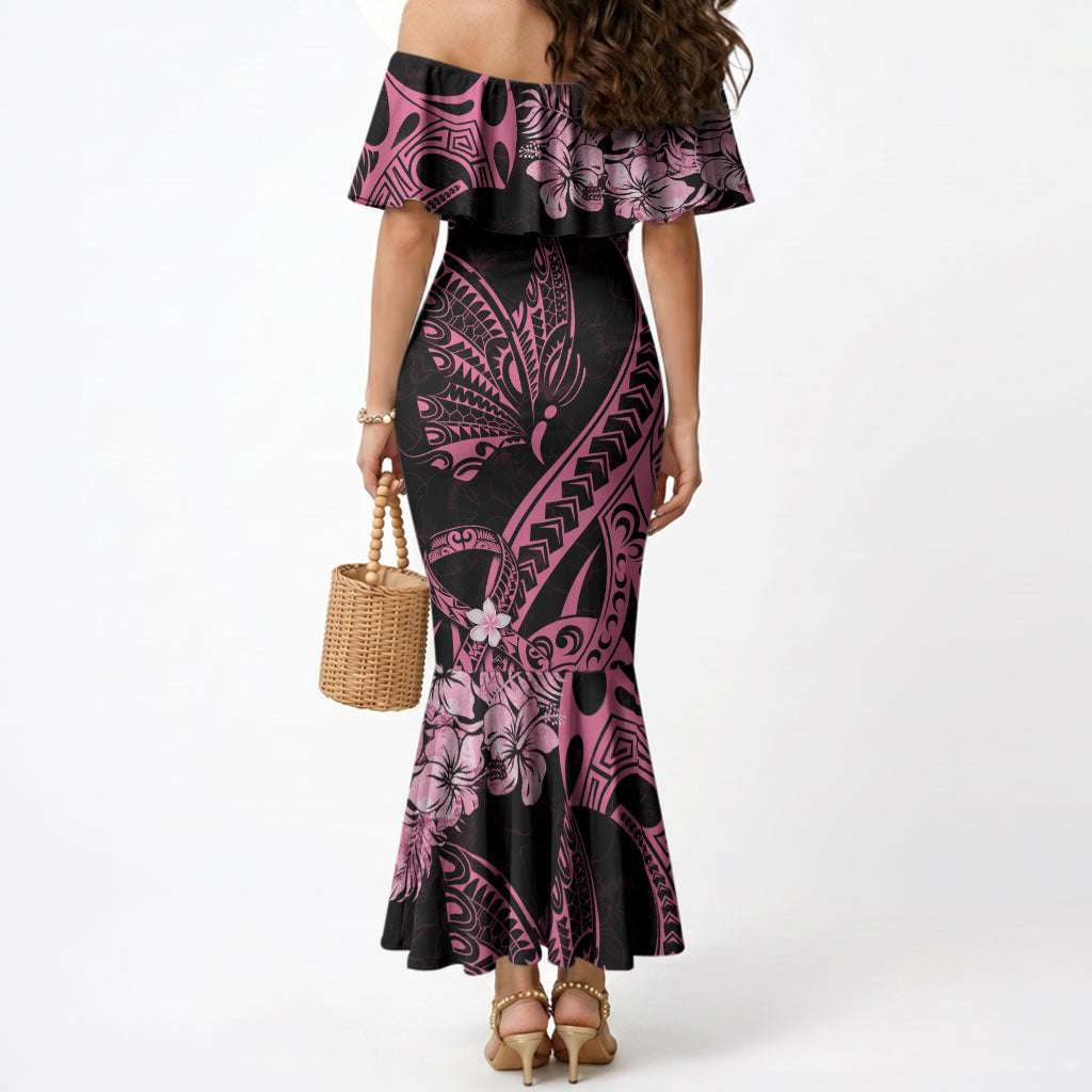 Polynesian Floral Butterfly Mermaid Dress Breast Cancer Support Pink Ribbon