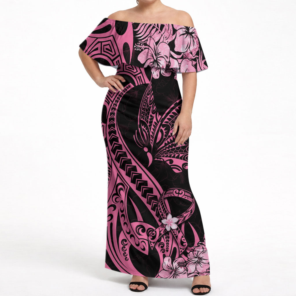 Polynesian Floral Butterfly Off Shoulder Maxi Dress Breast Cancer Support Pink Ribbon