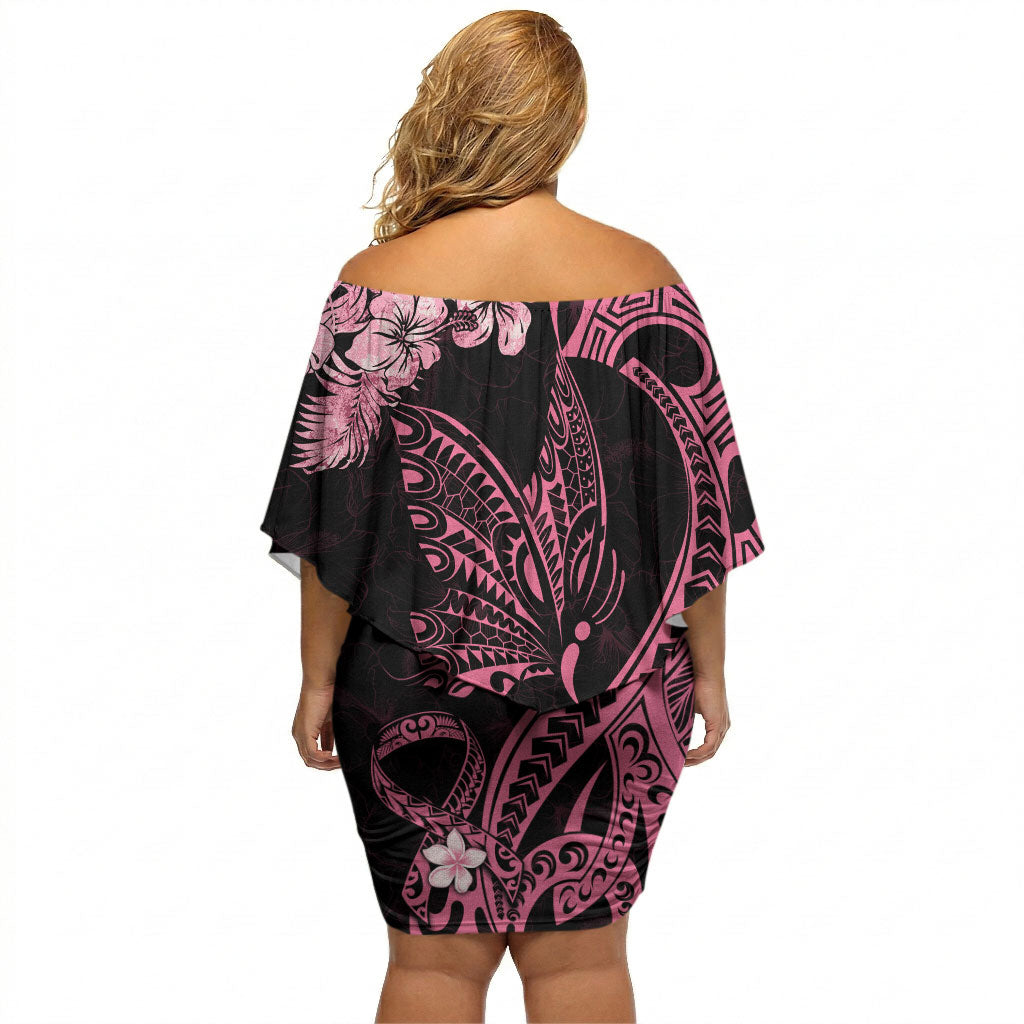 Polynesian Floral Butterfly Off Shoulder Short Dress Breast Cancer Support Pink Ribbon