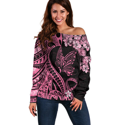 Polynesian Floral Butterfly Off Shoulder Sweater Breast Cancer Support Pink Ribbon