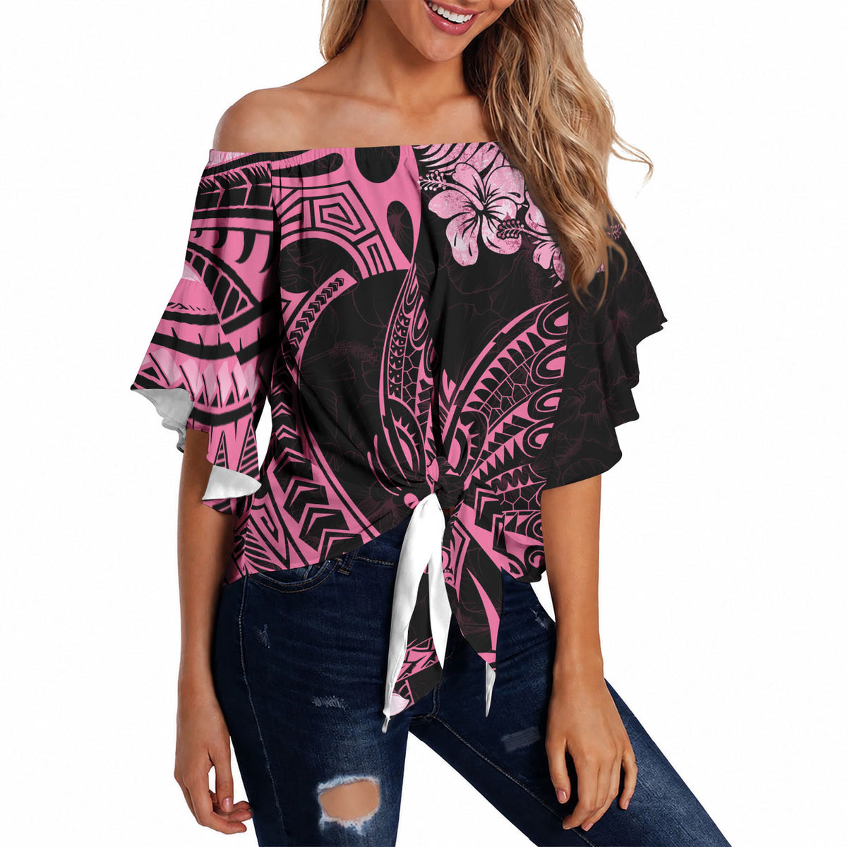 Polynesian Floral Butterfly Off Shoulder Wrap Waist Top Breast Cancer Support Pink Ribbon