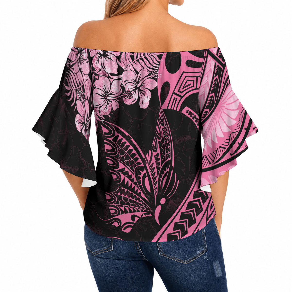 Polynesian Floral Butterfly Off Shoulder Wrap Waist Top Breast Cancer Support Pink Ribbon
