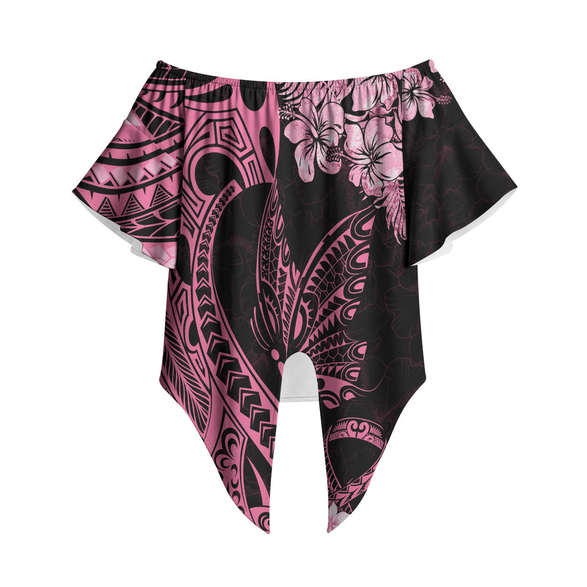 Polynesian Floral Butterfly Off Shoulder Wrap Waist Top Breast Cancer Support Pink Ribbon