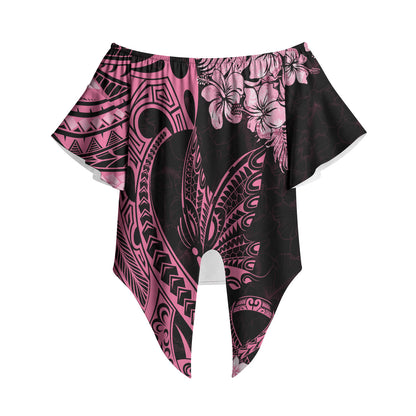 Polynesian Floral Butterfly Off Shoulder Wrap Waist Top Breast Cancer Support Pink Ribbon