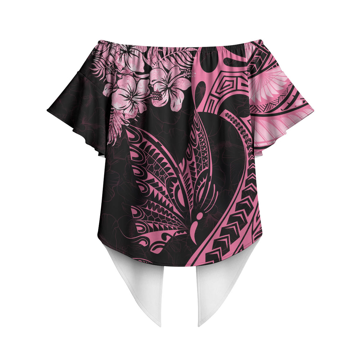 Polynesian Floral Butterfly Off Shoulder Wrap Waist Top Breast Cancer Support Pink Ribbon