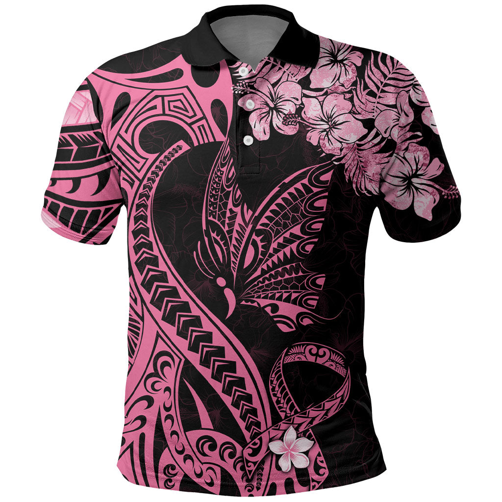 Polynesian Floral Butterfly Polo Shirt Breast Cancer Support Pink Ribbon