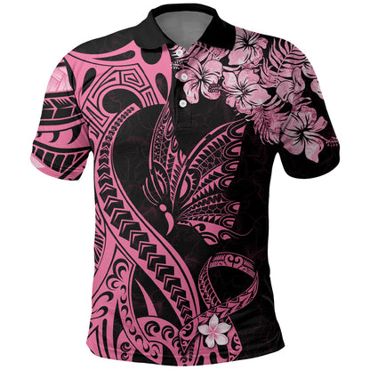 Polynesian Floral Butterfly Polo Shirt Breast Cancer Support Pink Ribbon