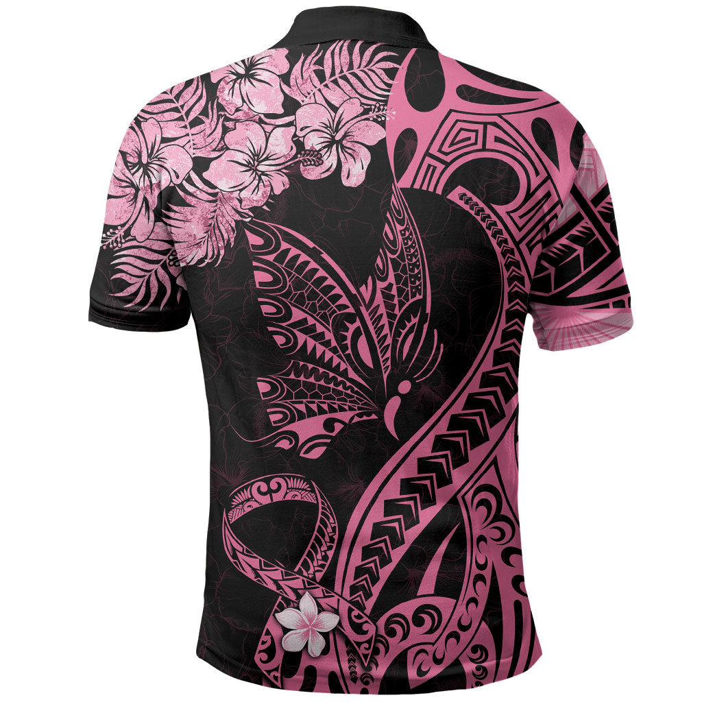 Polynesian Floral Butterfly Polo Shirt Breast Cancer Support Pink Ribbon