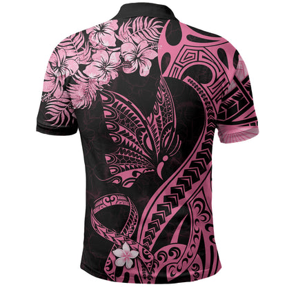 Polynesian Floral Butterfly Polo Shirt Breast Cancer Support Pink Ribbon