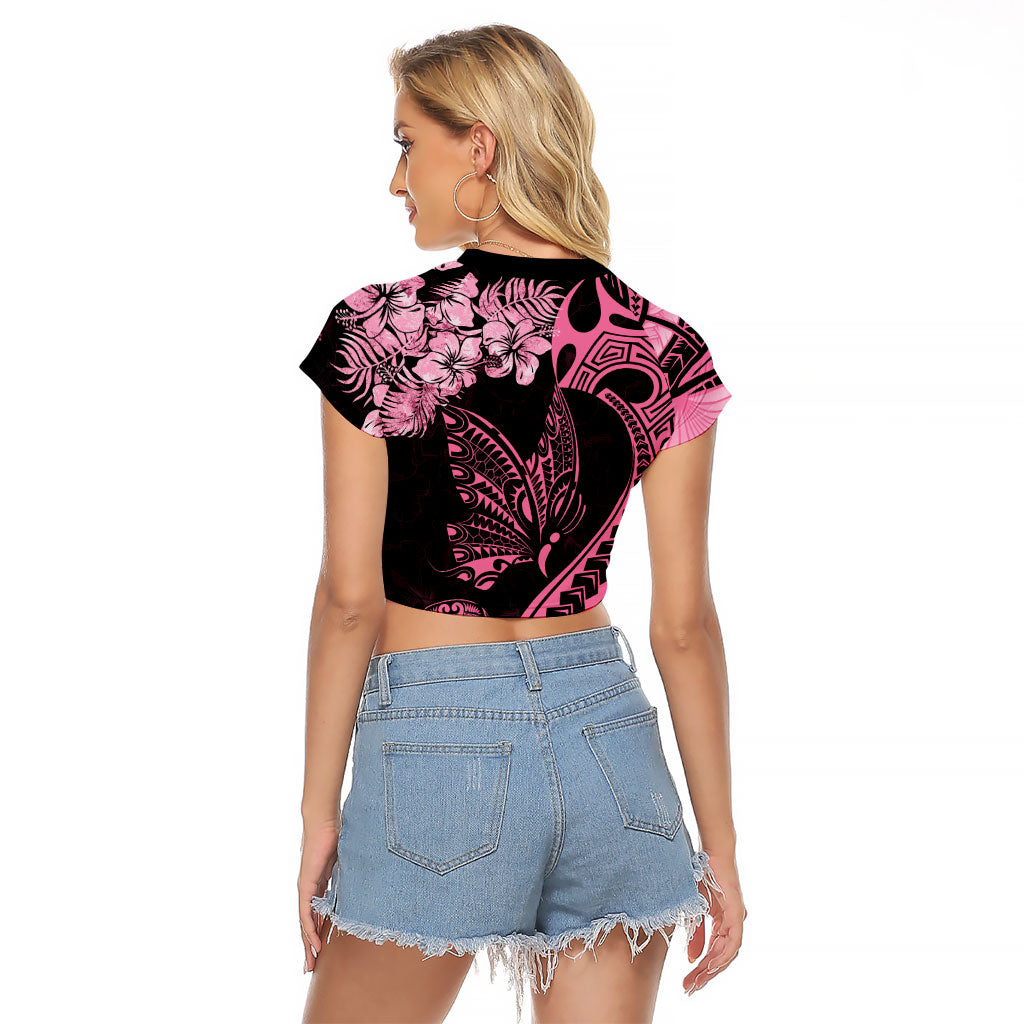 Polynesian Floral Butterfly Raglan Cropped T Shirt Breast Cancer Support Pink Ribbon