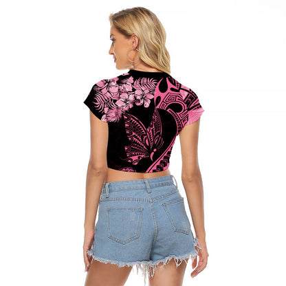 Polynesian Floral Butterfly Raglan Cropped T Shirt Breast Cancer Support Pink Ribbon