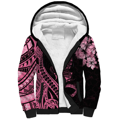 Polynesian Floral Butterfly Sherpa Hoodie Breast Cancer Support Pink Ribbon