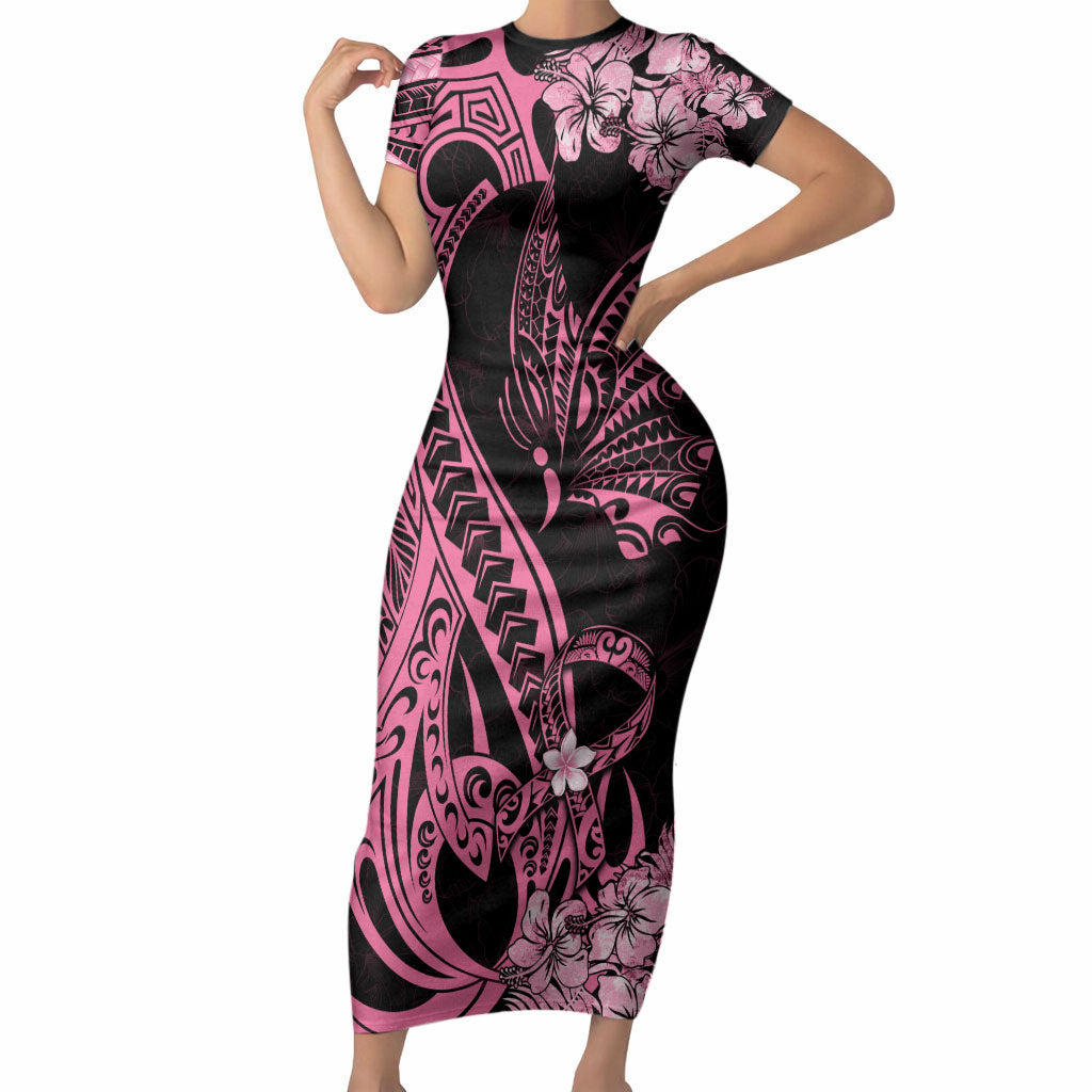 Polynesian Floral Butterfly Short Sleeve Bodycon Dress Breast Cancer Support Pink Ribbon