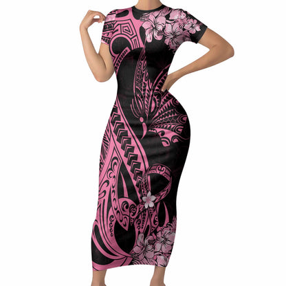 Polynesian Floral Butterfly Short Sleeve Bodycon Dress Breast Cancer Support Pink Ribbon