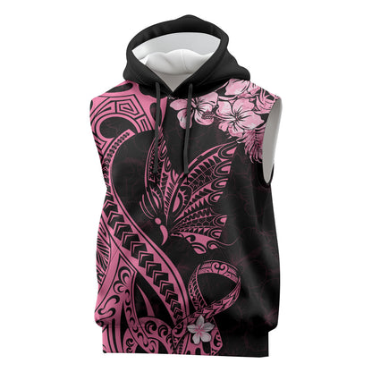 Polynesian Floral Butterfly Sleeveless Hoodie Breast Cancer Support Pink Ribbon