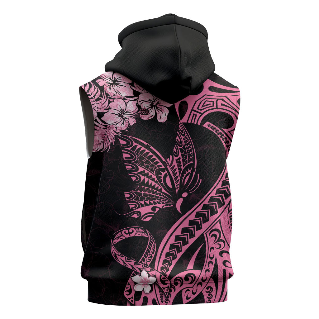 Polynesian Floral Butterfly Sleeveless Hoodie Breast Cancer Support Pink Ribbon