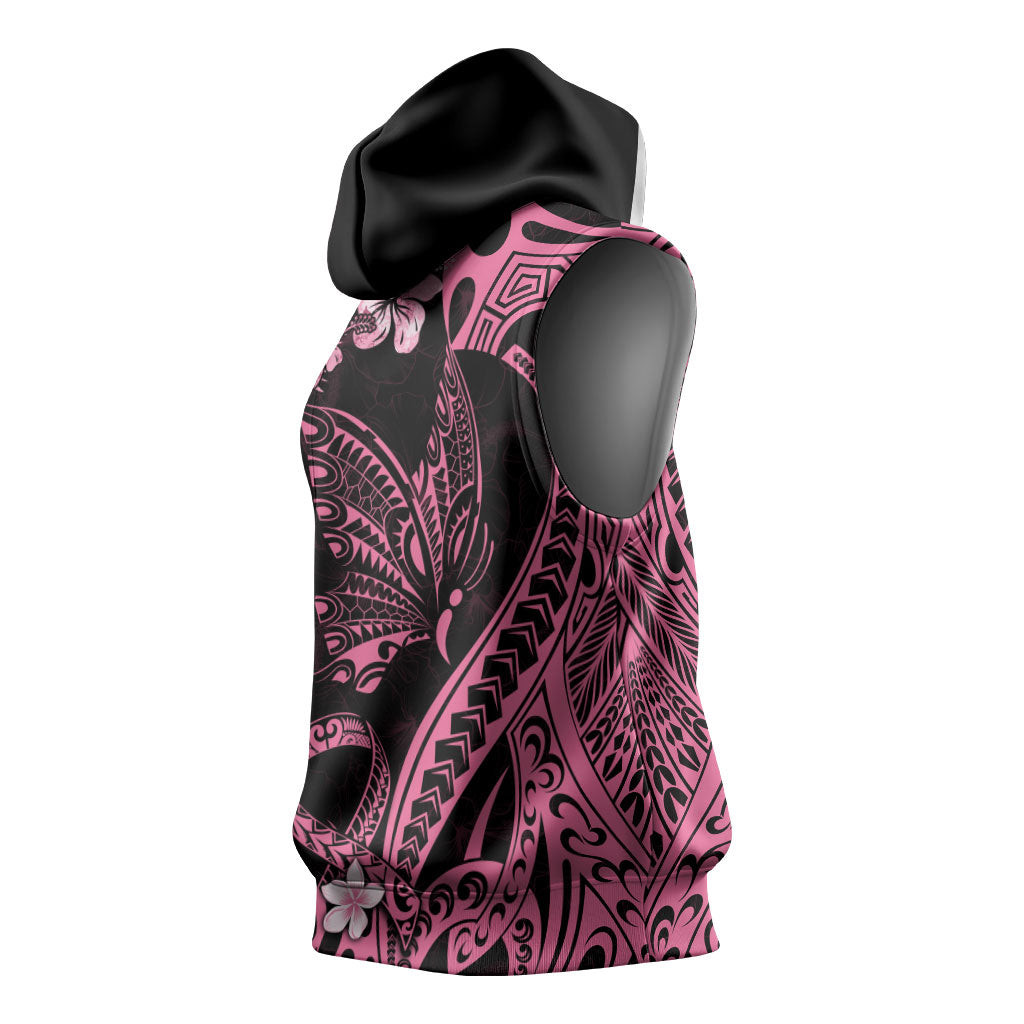 Polynesian Floral Butterfly Sleeveless Hoodie Breast Cancer Support Pink Ribbon