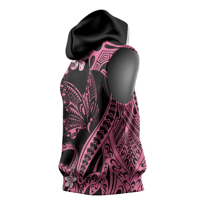 Polynesian Floral Butterfly Sleeveless Hoodie Breast Cancer Support Pink Ribbon