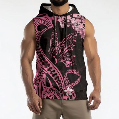 Polynesian Floral Butterfly Sleeveless Hoodie Breast Cancer Support Pink Ribbon