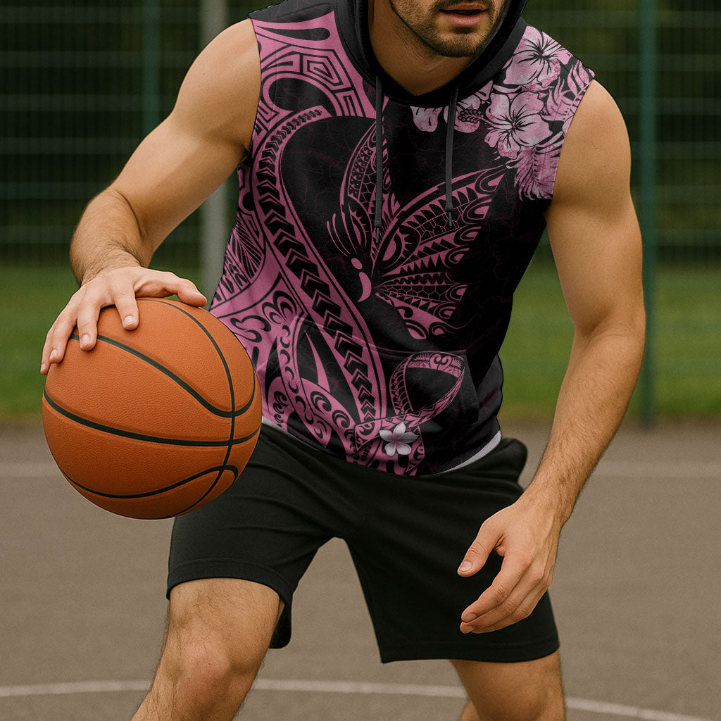 Polynesian Floral Butterfly Sleeveless Hoodie Breast Cancer Support Pink Ribbon