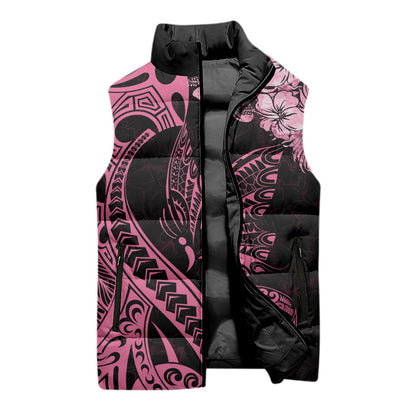 Polynesian Floral Butterfly Sleeveless Puffer Jacket Breast Cancer Support Pink Ribbon