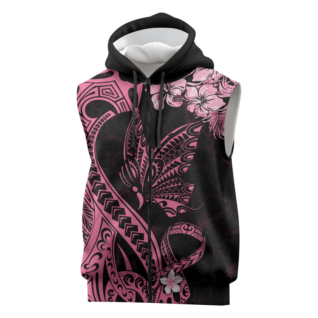 Polynesian Floral Butterfly Sleeveless Zip Hoodie Breast Cancer Support Pink Ribbon