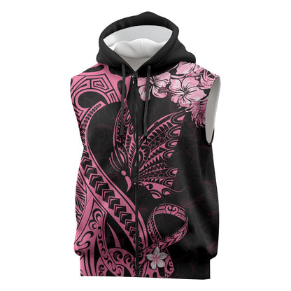 Polynesian Floral Butterfly Sleeveless Zip Hoodie Breast Cancer Support Pink Ribbon