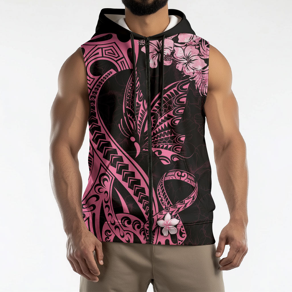 Polynesian Floral Butterfly Sleeveless Zip Hoodie Breast Cancer Support Pink Ribbon
