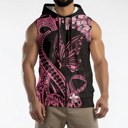 Polynesian Floral Butterfly Sleeveless Zip Hoodie Breast Cancer Support Pink Ribbon