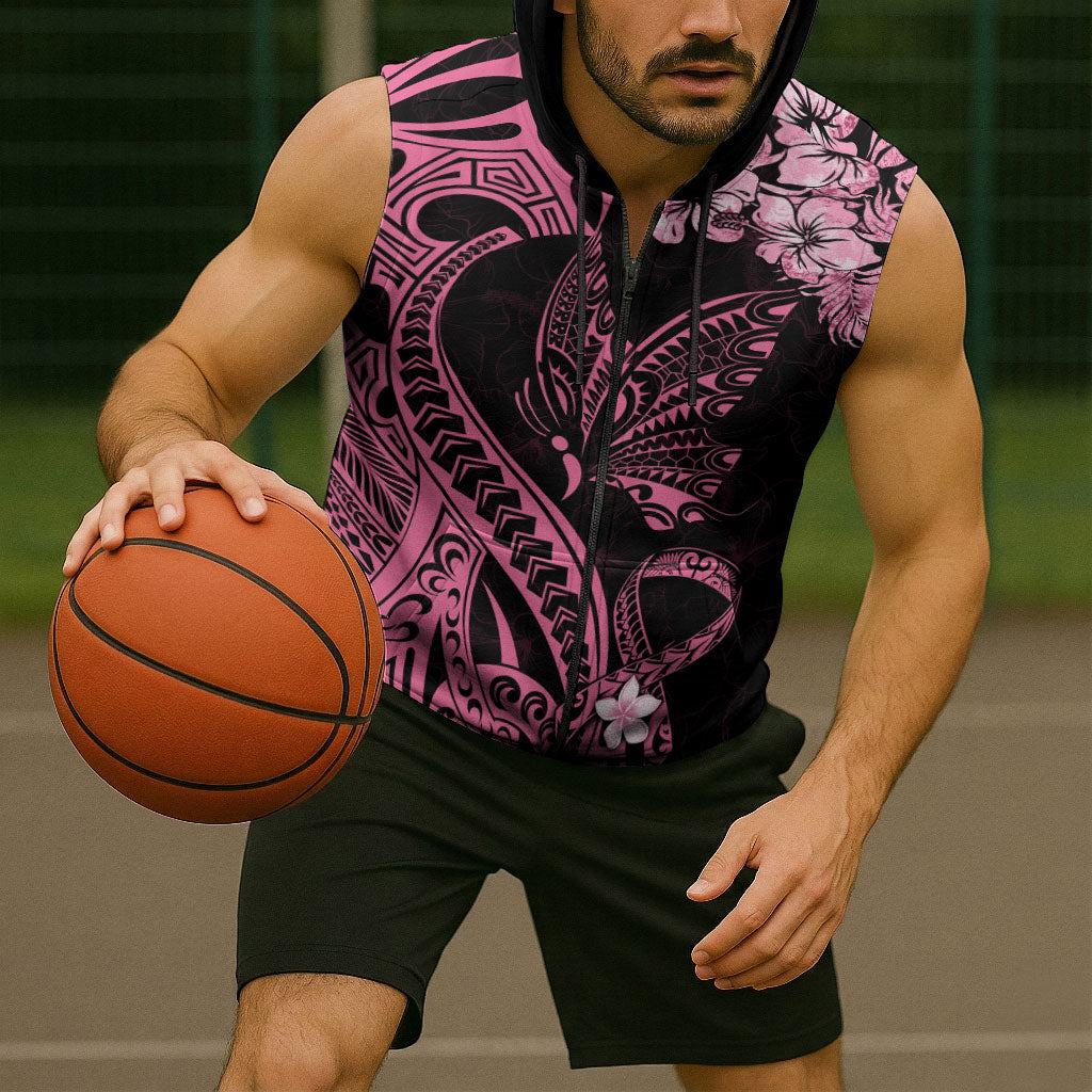 Polynesian Floral Butterfly Sleeveless Zip Hoodie Breast Cancer Support Pink Ribbon