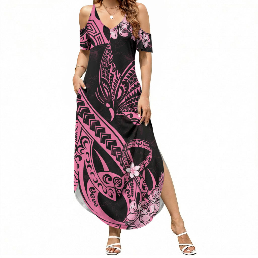 Polynesian Floral Butterfly Summer Maxi Dress Breast Cancer Support Pink Ribbon