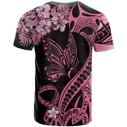 Polynesian Floral Butterfly T Shirt Breast Cancer Support Pink Ribbon