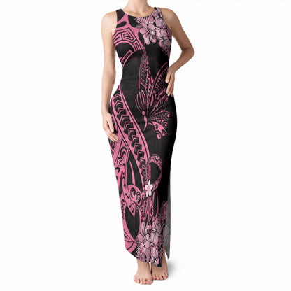 Polynesian Floral Butterfly Tank Maxi Dress Breast Cancer Support Pink Ribbon