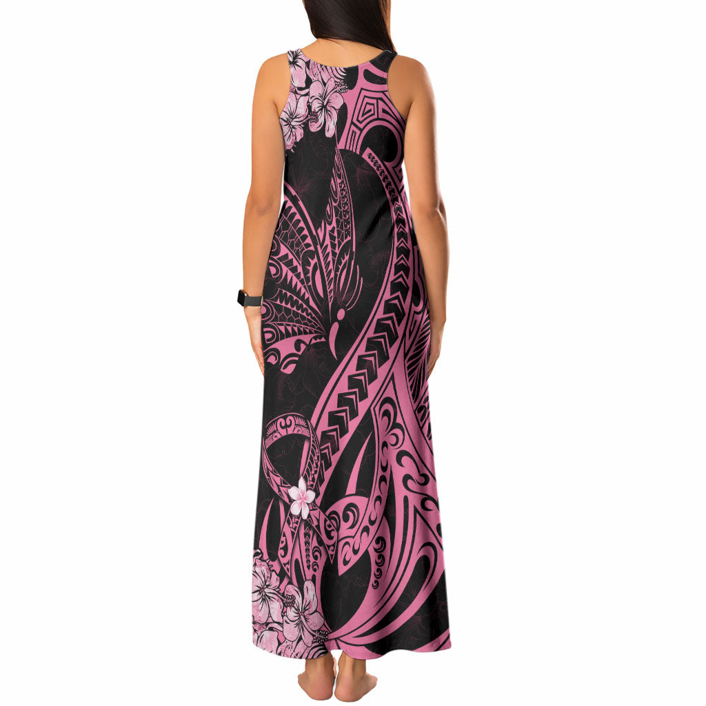 Polynesian Floral Butterfly Tank Maxi Dress Breast Cancer Support Pink Ribbon