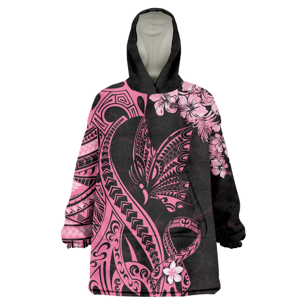 Polynesian Floral Butterfly Wearable Blanket Hoodie Breast Cancer Support Pink Ribbon