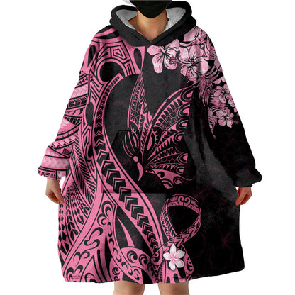 Polynesian Floral Butterfly Wearable Blanket Hoodie Breast Cancer Support Pink Ribbon