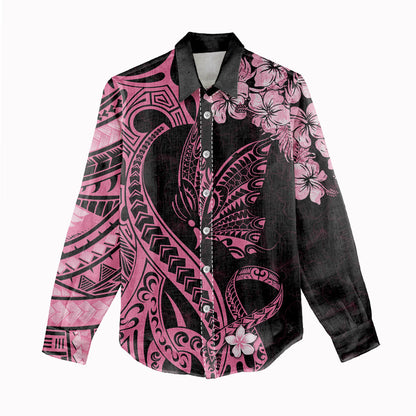 Polynesian Floral Butterfly Women Casual Shirt Breast Cancer Support Pink Ribbon