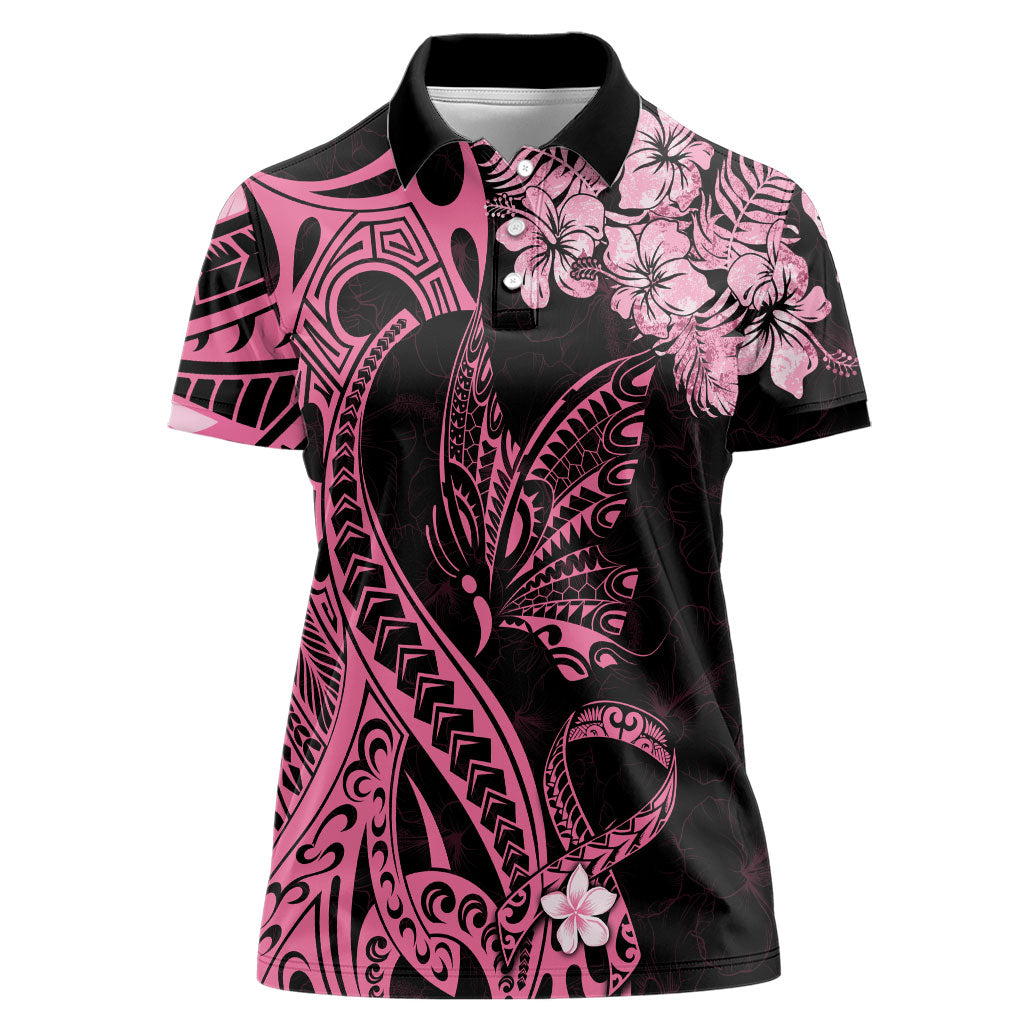 Polynesian Floral Butterfly Women Polo Shirt Breast Cancer Support Pink Ribbon