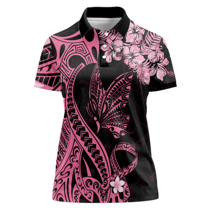 Polynesian Floral Butterfly Women Polo Shirt Breast Cancer Support Pink Ribbon