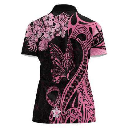 Polynesian Floral Butterfly Women Polo Shirt Breast Cancer Support Pink Ribbon