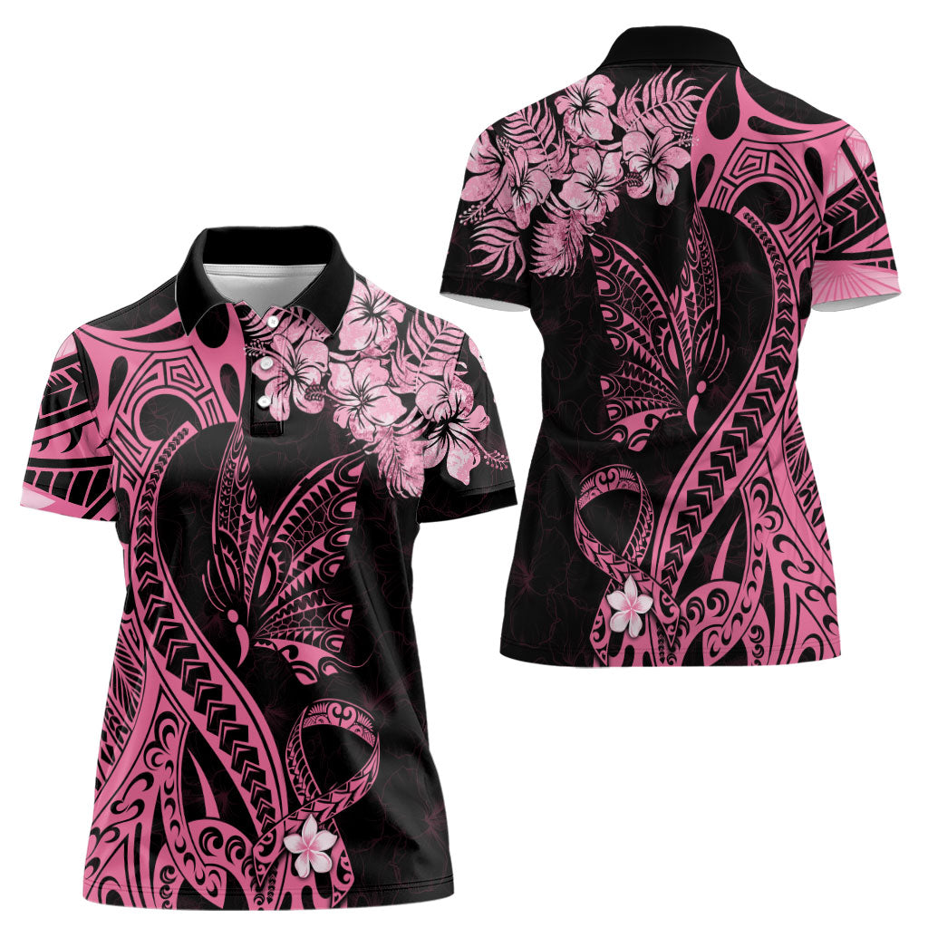 Polynesian Floral Butterfly Women Polo Shirt Breast Cancer Support Pink Ribbon