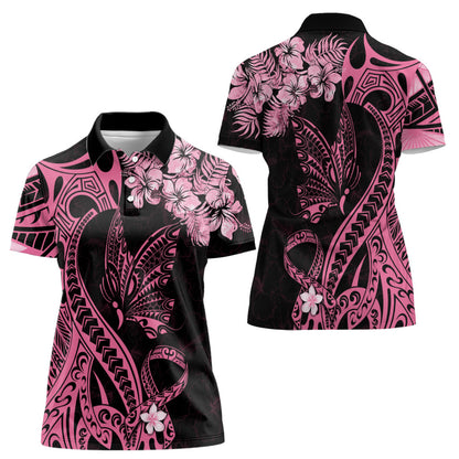 Polynesian Floral Butterfly Women Polo Shirt Breast Cancer Support Pink Ribbon