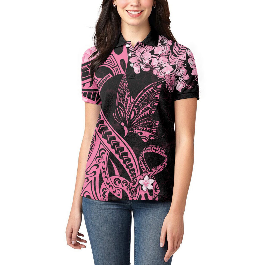 Polynesian Floral Butterfly Women Polo Shirt Breast Cancer Support Pink Ribbon