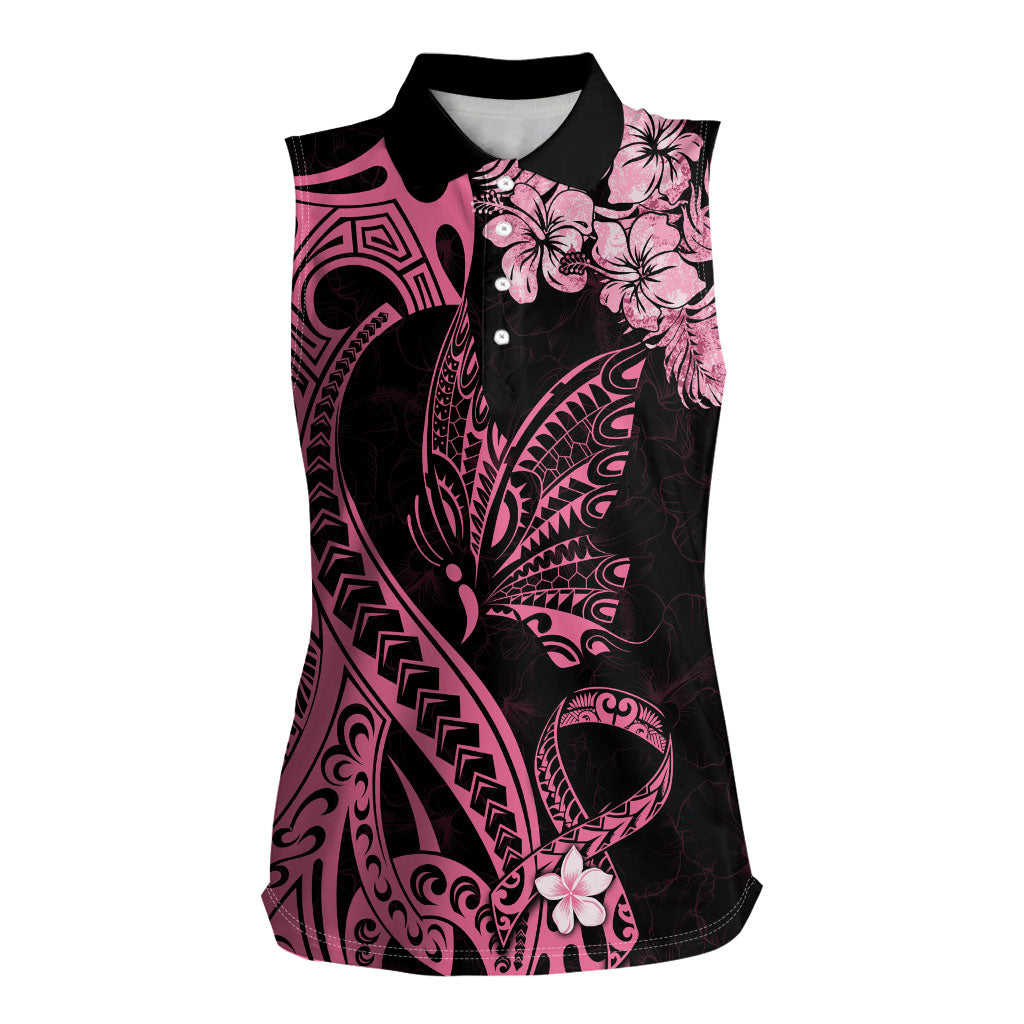 Polynesian Floral Butterfly Women Sleeveless Polo Shirt Breast Cancer Support Pink Ribbon