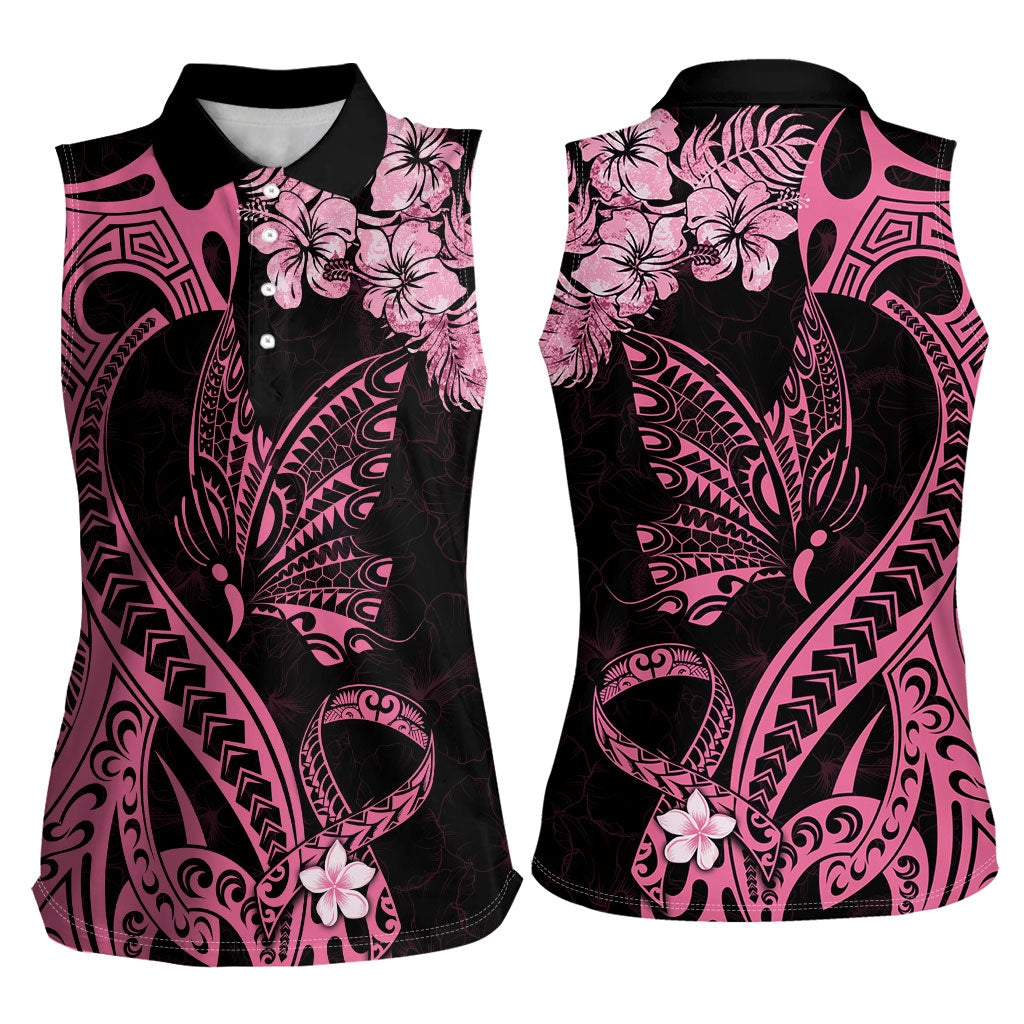 Polynesian Floral Butterfly Women Sleeveless Polo Shirt Breast Cancer Support Pink Ribbon