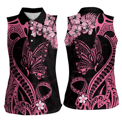 Polynesian Floral Butterfly Women Sleeveless Polo Shirt Breast Cancer Support Pink Ribbon