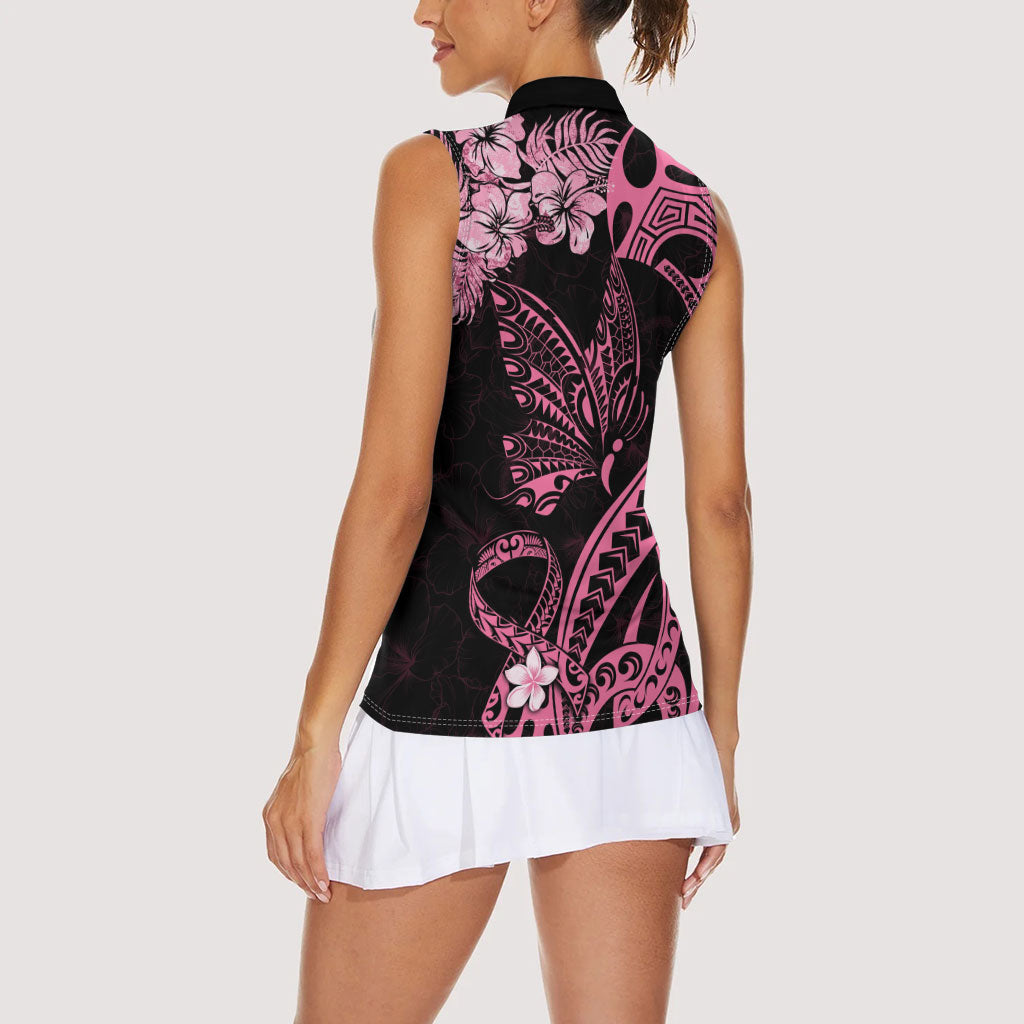 Polynesian Floral Butterfly Women Sleeveless Polo Shirt Breast Cancer Support Pink Ribbon