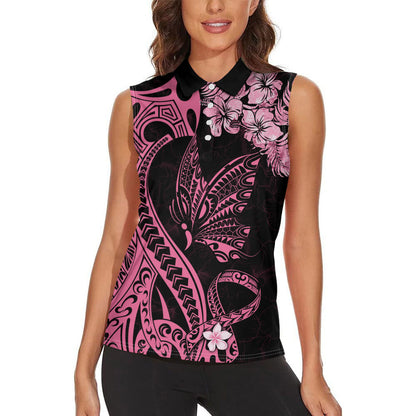 Polynesian Floral Butterfly Women Sleeveless Polo Shirt Breast Cancer Support Pink Ribbon