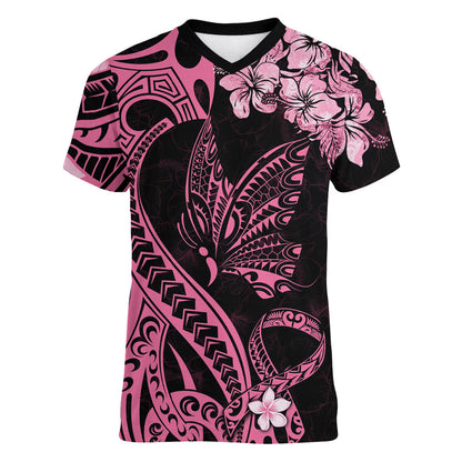 Polynesian Floral Butterfly Women V-Neck T-Shirt Breast Cancer Support Pink Ribbon