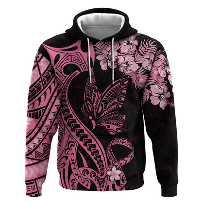 Polynesian Floral Butterfly Zip Hoodie Breast Cancer Support Pink Ribbon